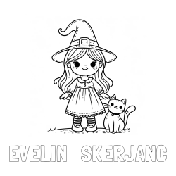 Online izdelana pobarvanka - Pobarvanka imena EVELIN   ŠKERJANC in Čudovita pobarvanka ljubke čarovnice in nasmejane mačke
