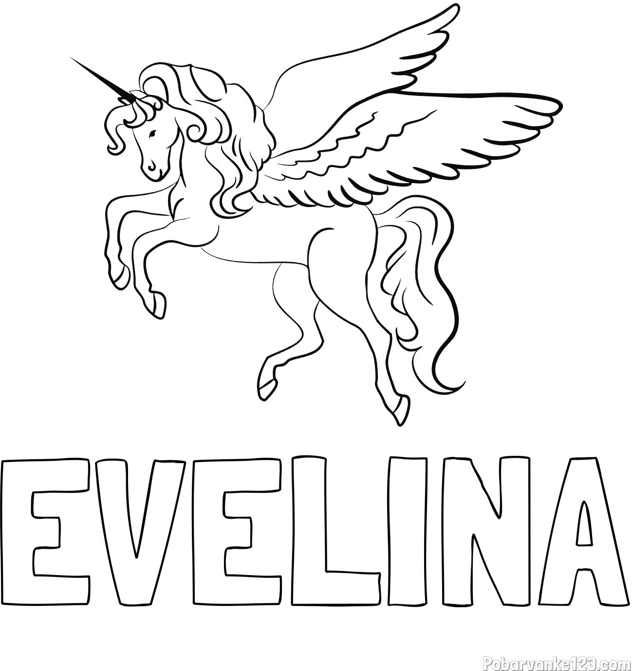 Pobarvanka imena EVELINA in lepa pobarvanka samoroga