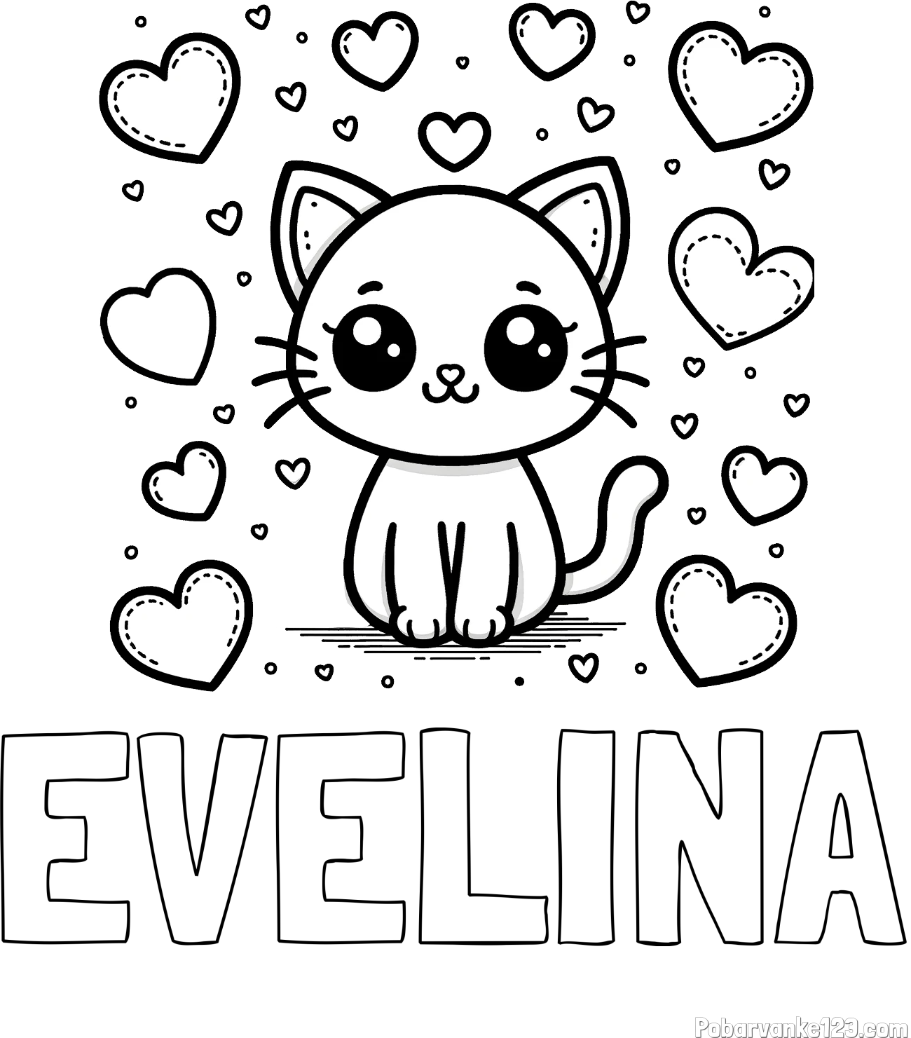Pobarvanka imena EVELINA in pobarvanka ljubke mucke obdane z veliko srčki