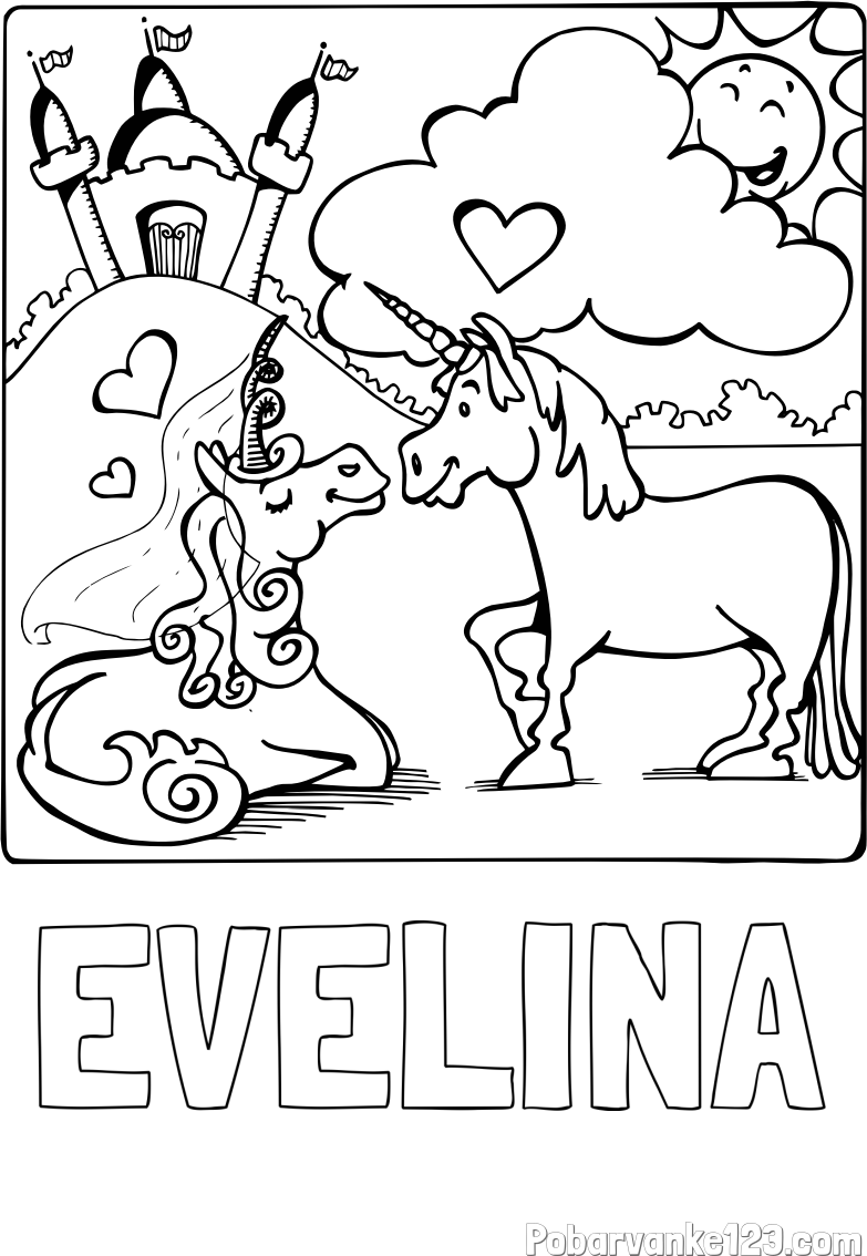 Pobarvanka imena EVELINA in pobarvanka zaljubljenih samorogov