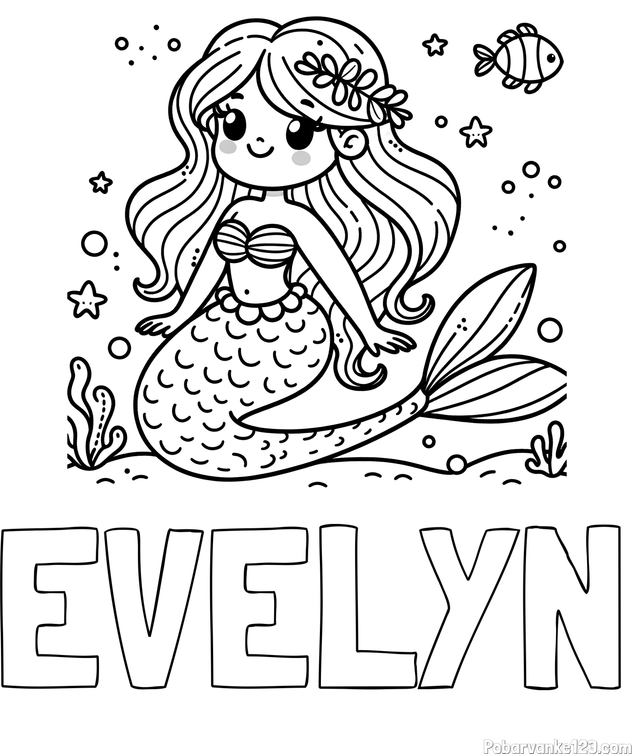Pobarvanka imena EVELYN in pobarvanka ljubke morske deklice v morju
