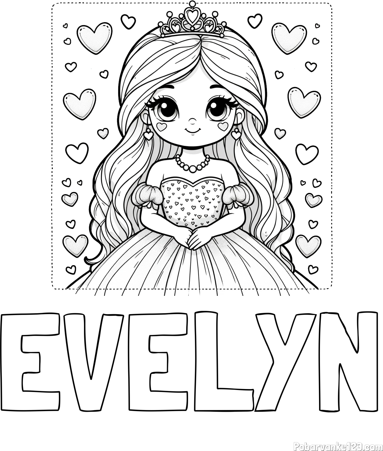 Pobarvanka imena EVELYN in pobarvanka ljubke princese obdane s srčki
