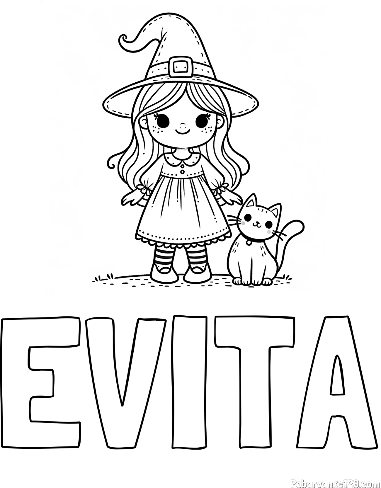 Pobarvanka imena EVITA in Čudovita pobarvanka ljubke čarovnice in nasmejane mačke