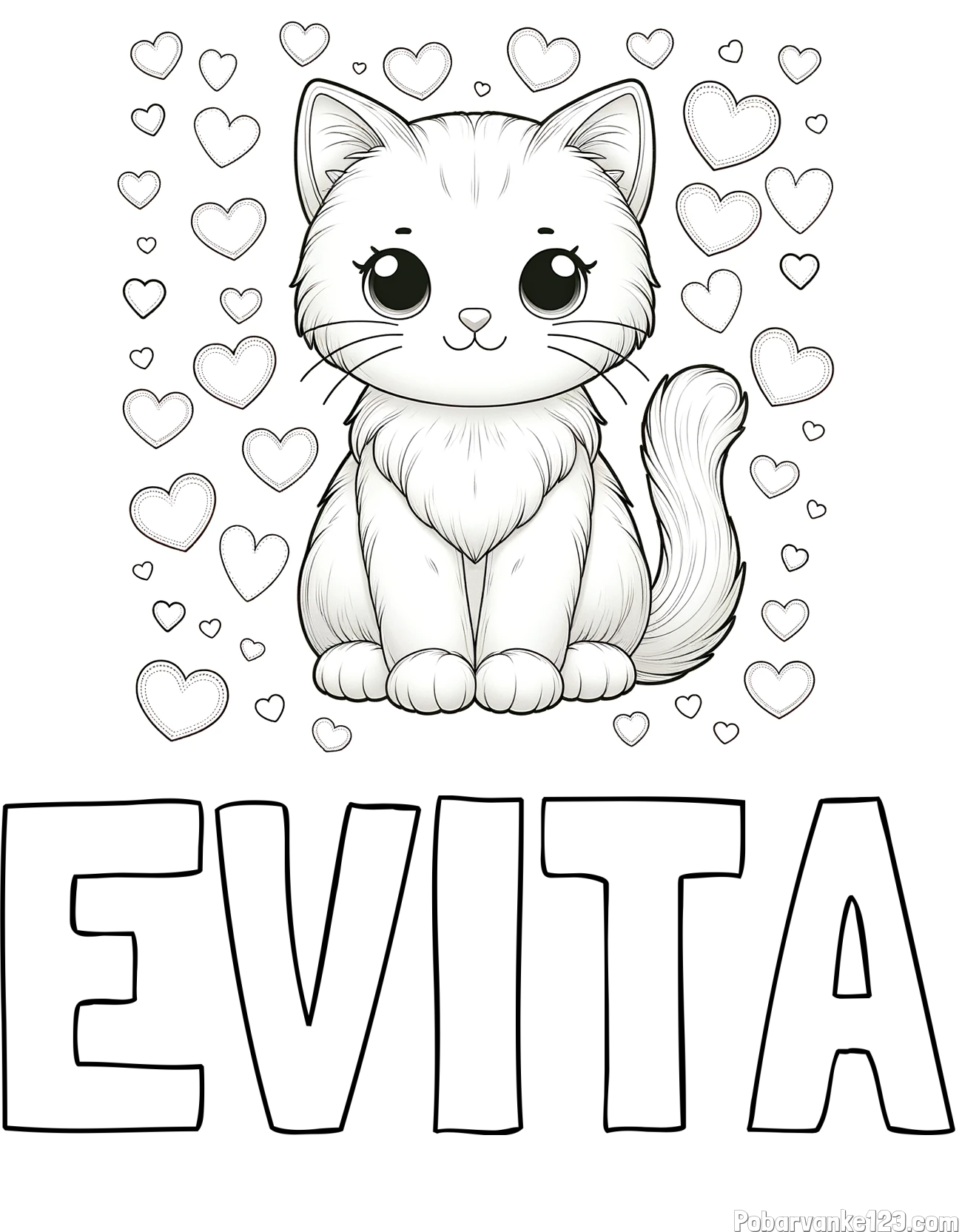 Pobarvanka imena EVITA in pobarvanka ljubke mucke obdane s srčki