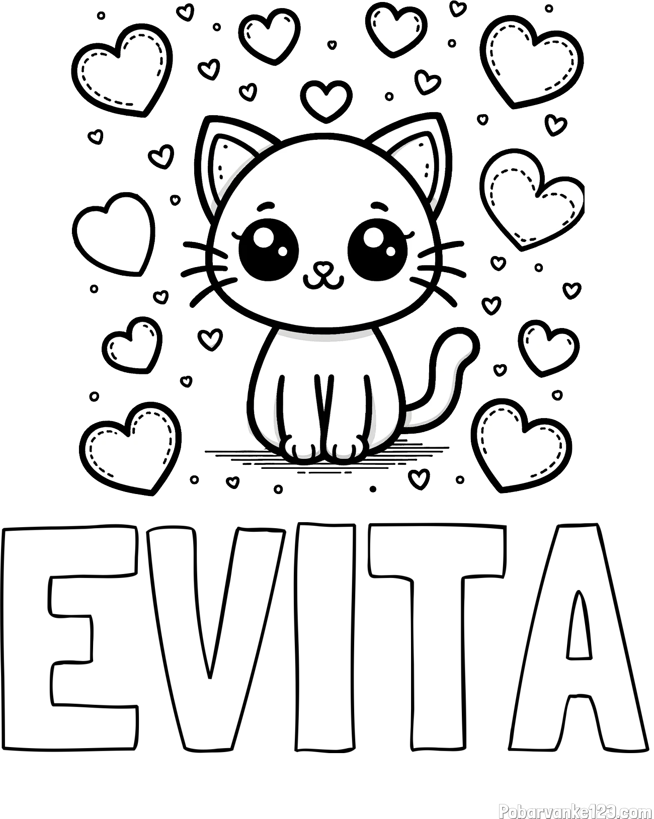 Pobarvanka imena EVITA in pobarvanka ljubke mucke obdane z veliko srčki