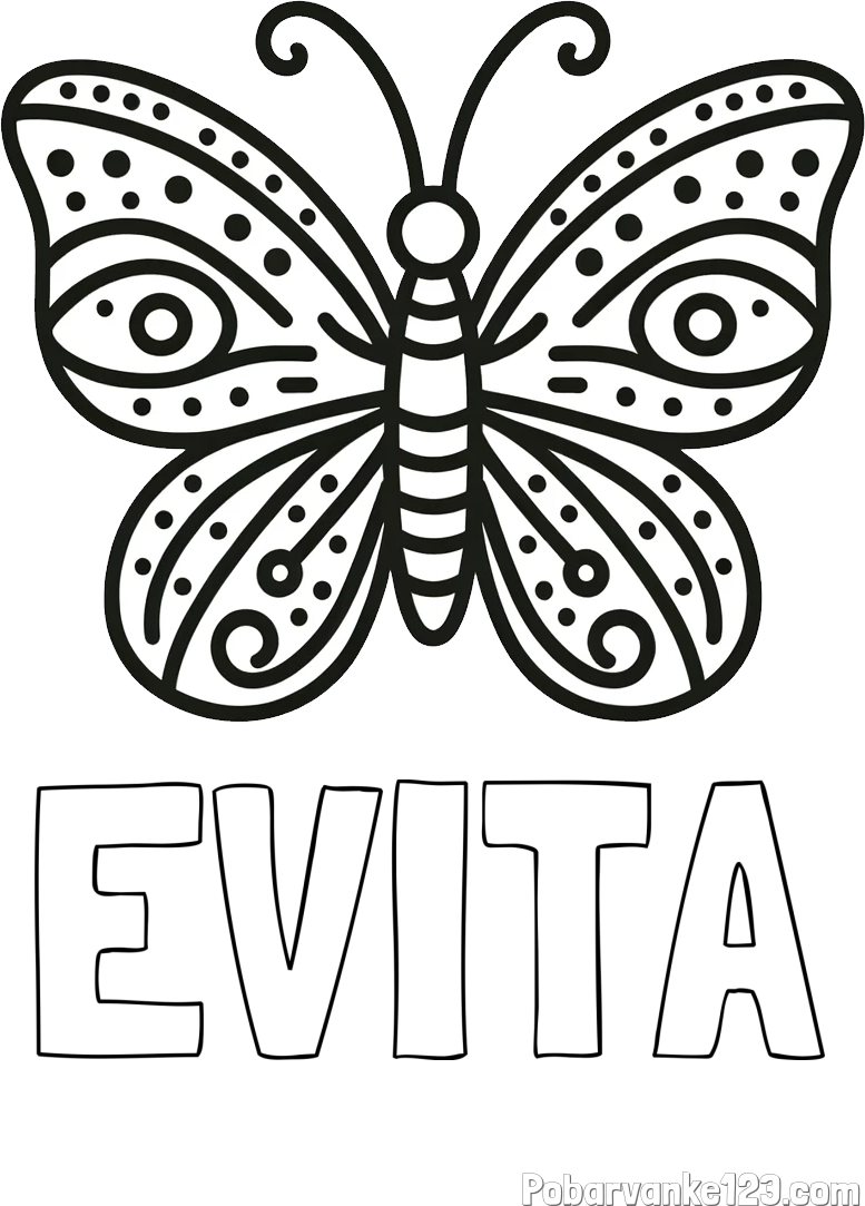 Pobarvanka imena EVITA in preprosta pobarvanka metulja