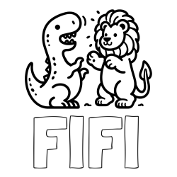 Online izdelana pobarvanka - Pobarvanka imena FIFI in pobarvanka dinozavra, ki napada leva