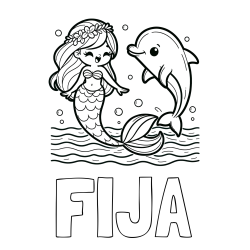 Online izdelana pobarvanka - Pobarvanka imena FIJA in pobarvanka ljubke morske deklice, ki pleše z delfinom