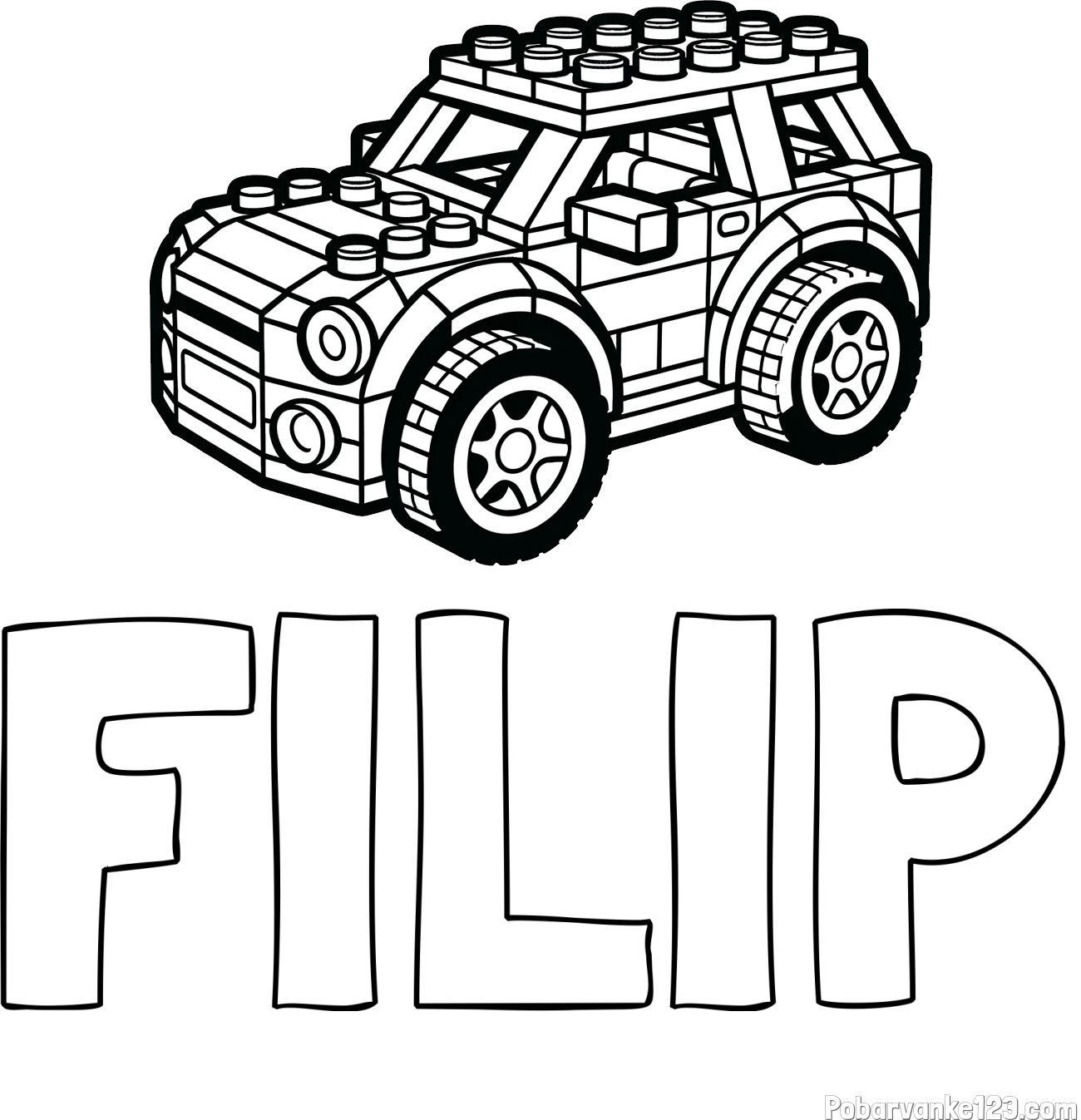 Pobarvanka imena FILIP in pobarvanka avtomobila sestavljenega iz LEGO kock