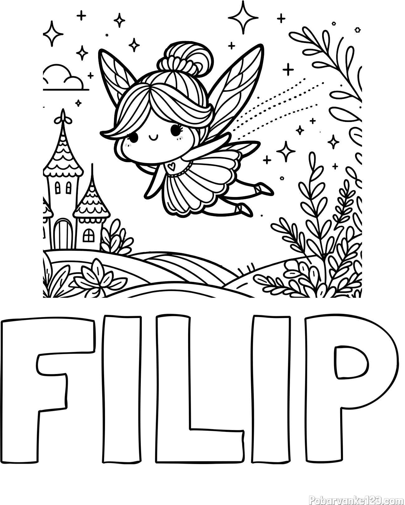 Pobarvanka imena FILIP in pobarvanka čarobne vile, ki leti nad pravljično pokrajino