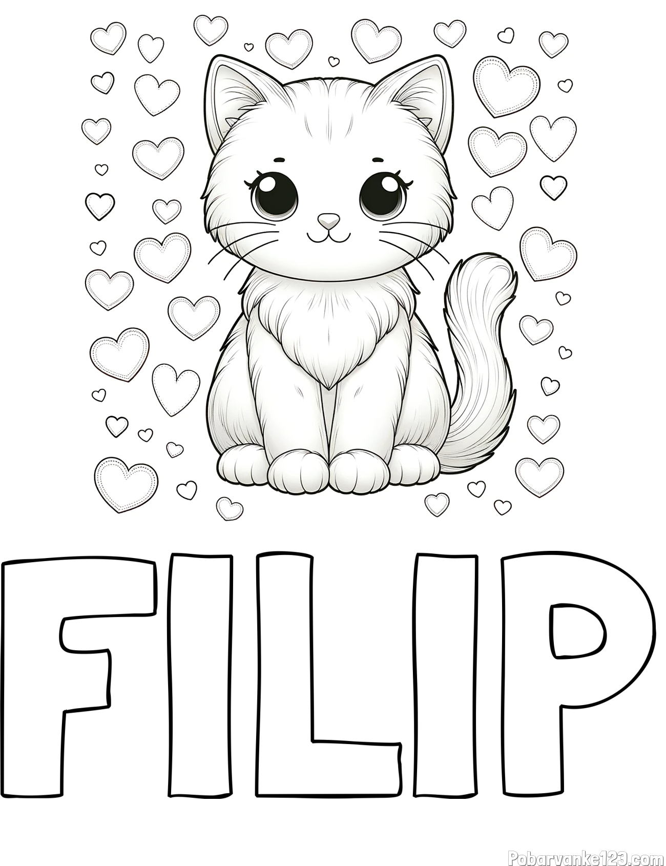 Pobarvanka imena FILIP in pobarvanka ljubke mucke obdane s srčki