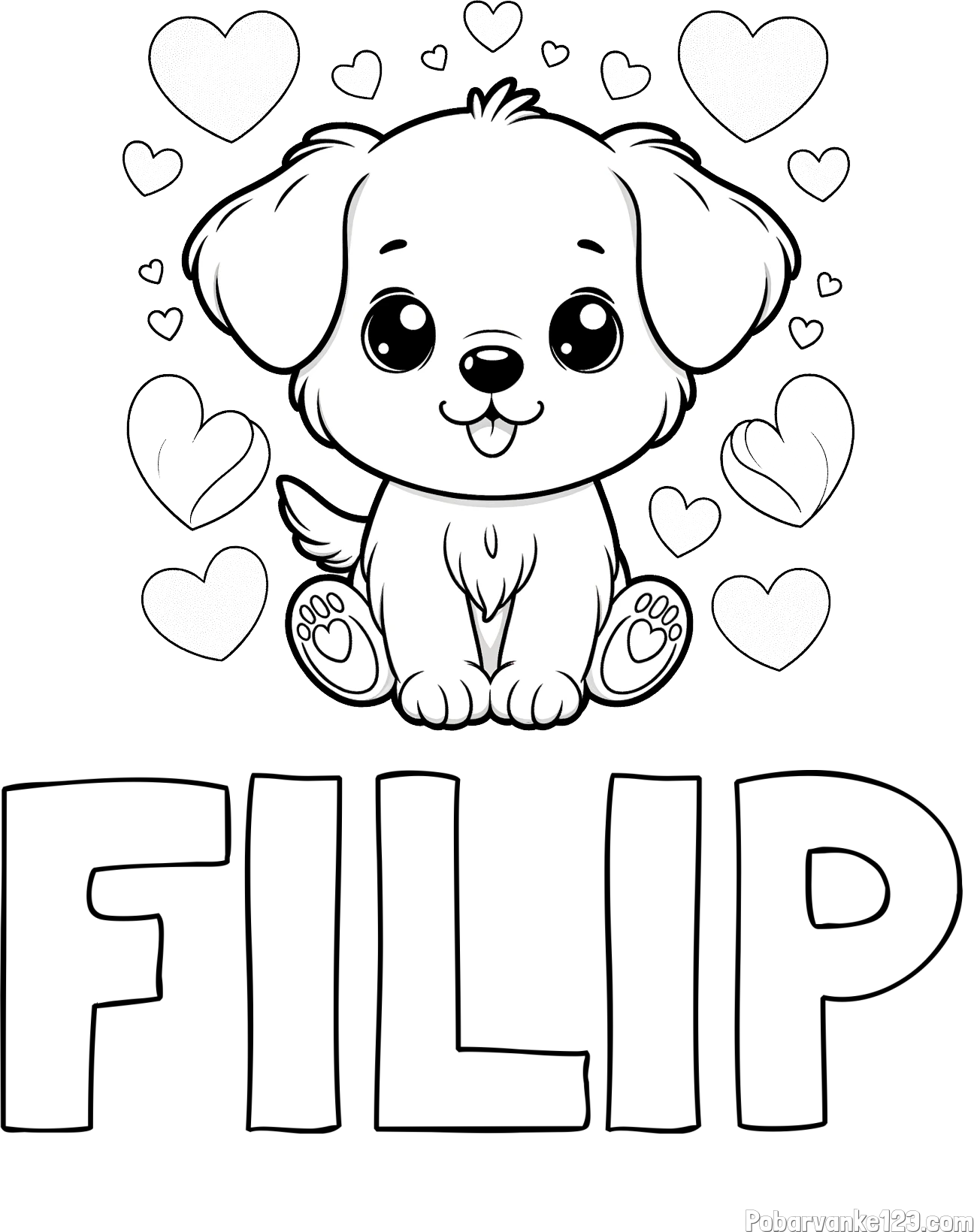 Pobarvanka imena FILIP in pobarvanka ljubkega kužka obdanega s srčki