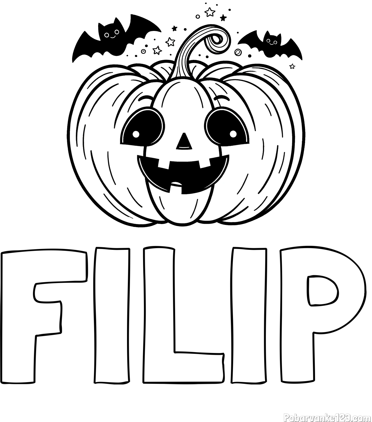 Pobarvanka imena FILIP in pobarvanka nasmejane buče ter dveh netopirjev za noč čarovnic