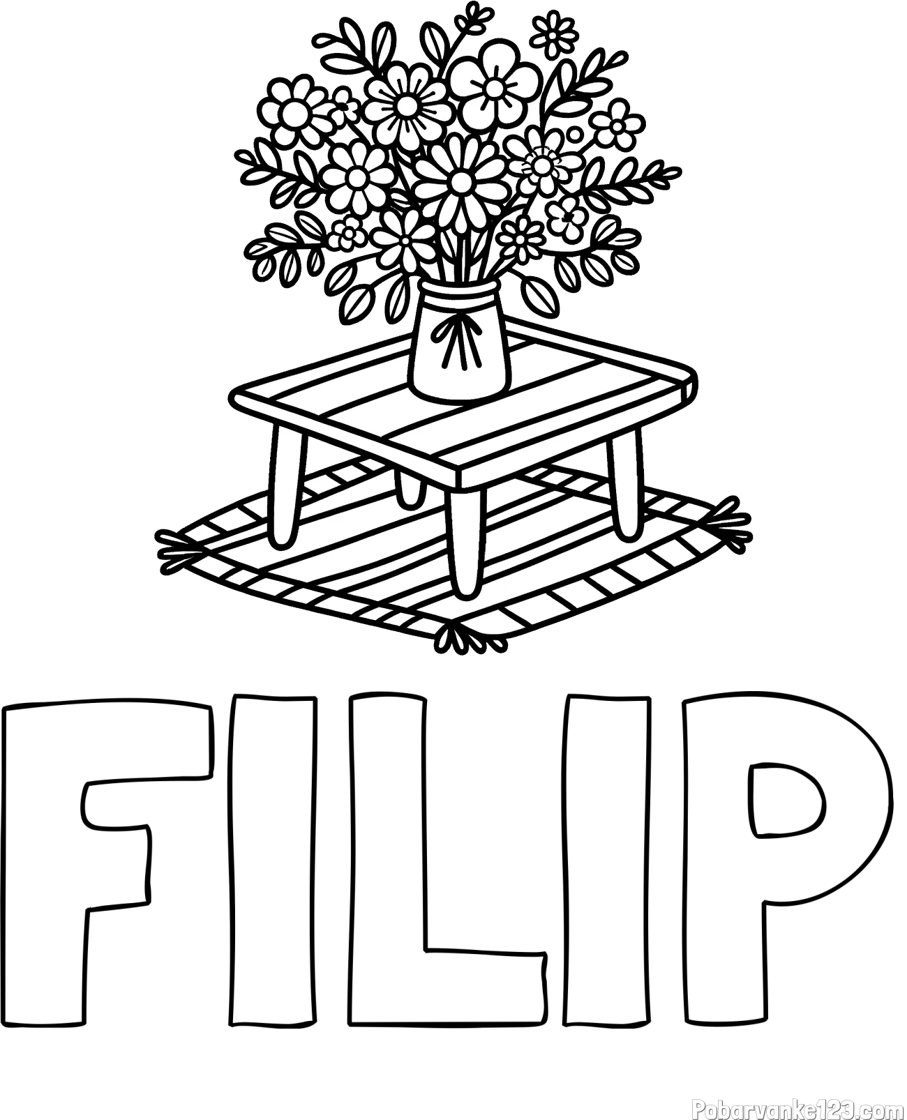 Pobarvanka imena FILIP in pobarvanka šopka rož na mizi