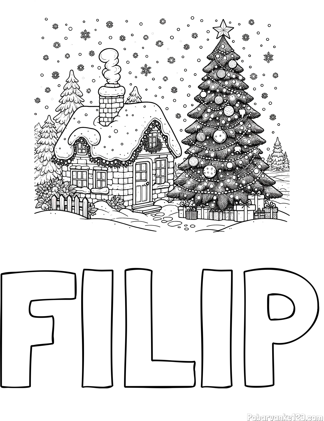 Pobarvanka imena FILIP in pobarvanka zasnežene hiške na božično noč