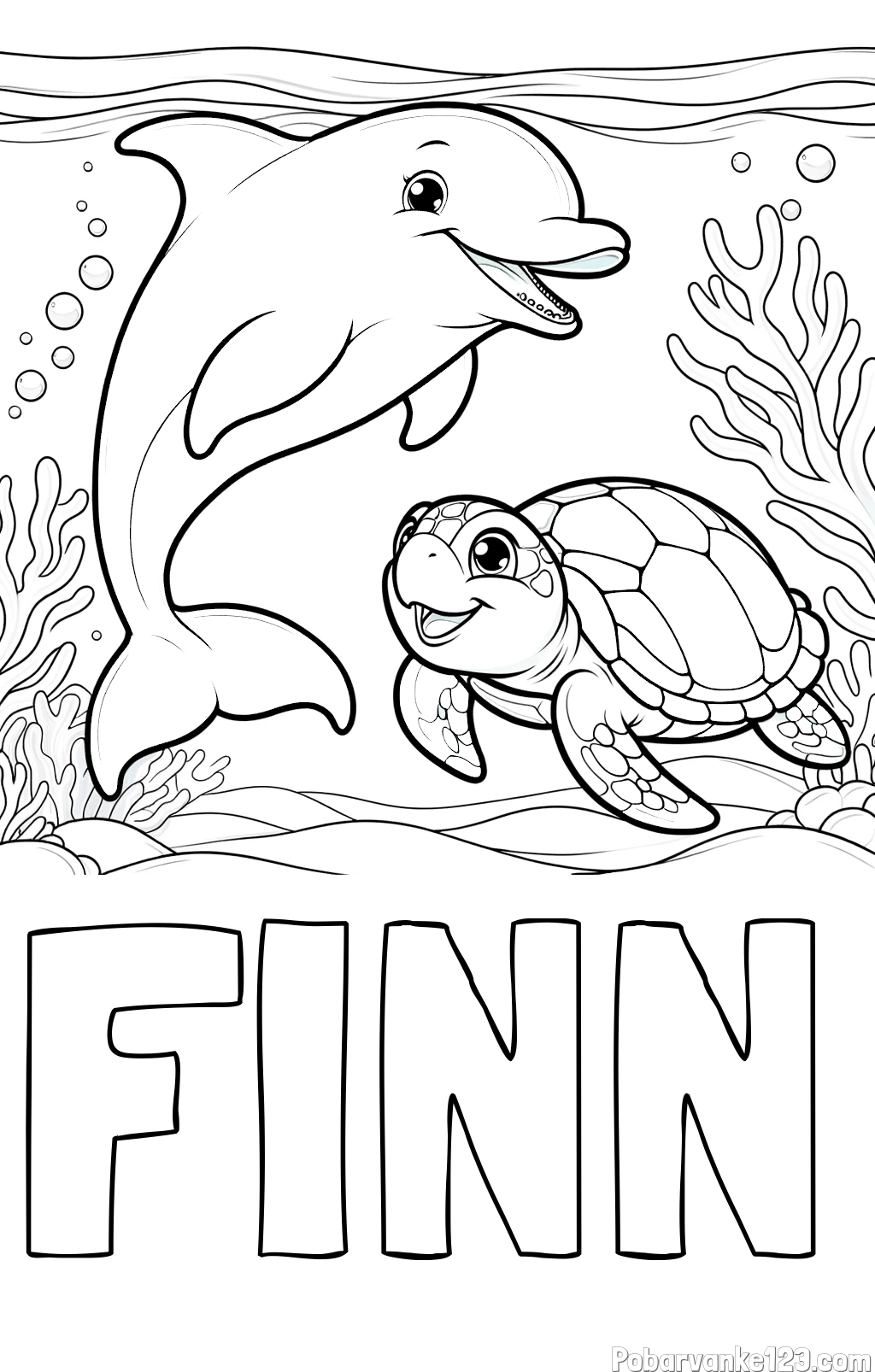 Pobarvanka imena FINN in pobarvanka ljubkega delfina z želvo v morju