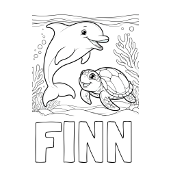 Online izdelana pobarvanka - Pobarvanka imena FINN in pobarvanka ljubkega delfina z želvo v morju