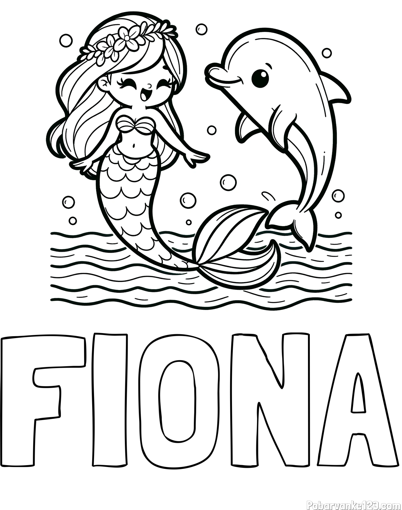 Pobarvanka imena FIONA in pobarvanka ljubke morske deklice, ki pleše z delfinom