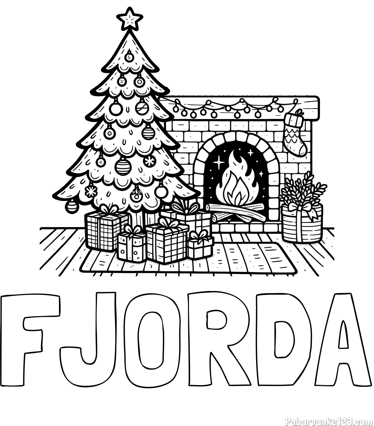 Pobarvanka imena FJORDA in pobarvanka božične noči z božično smrečico, darili ter kaminom