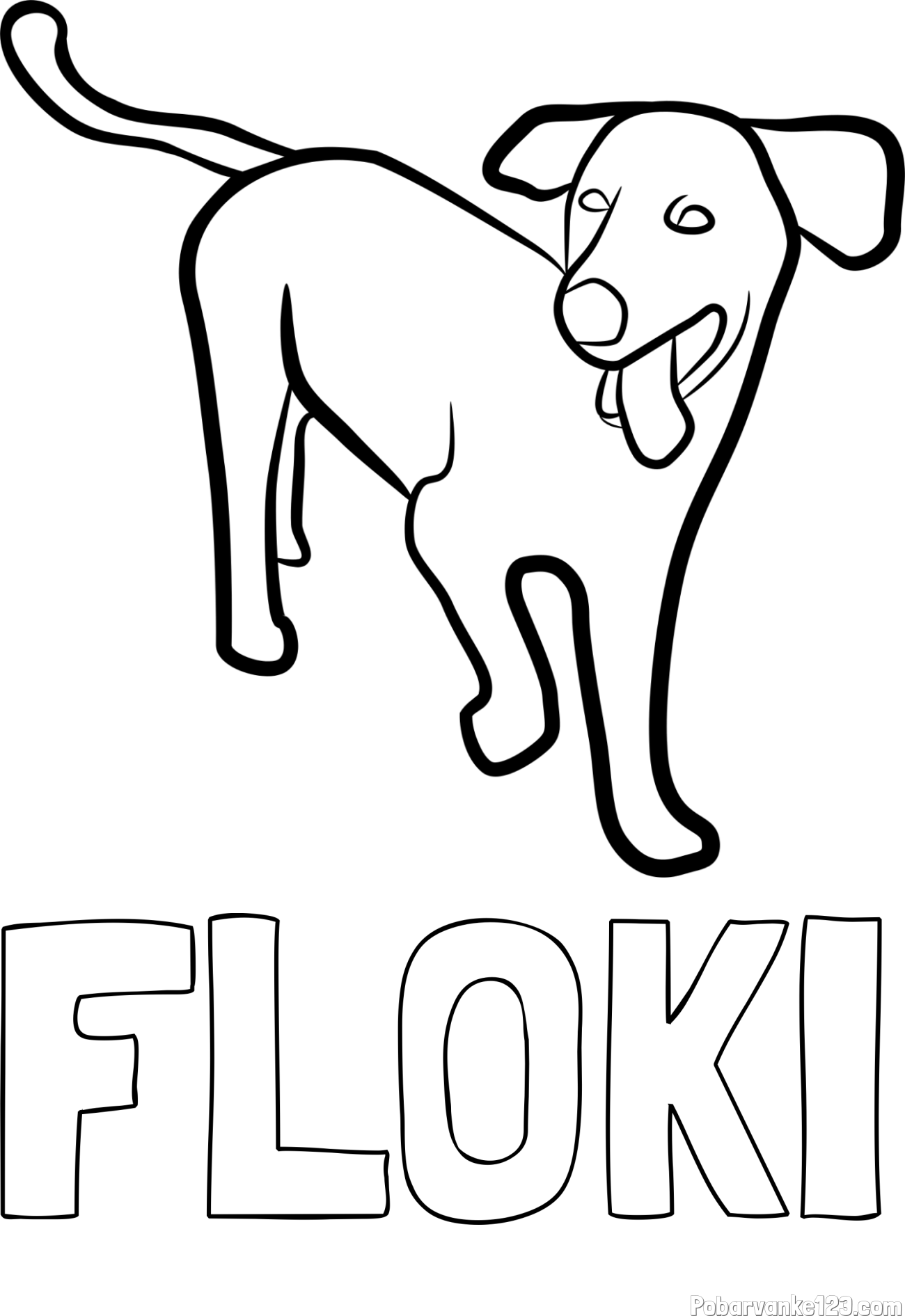 Pobarvanka imena FLOKI in pobarvanka prikupnega, a nekoliko utrujenega kužka