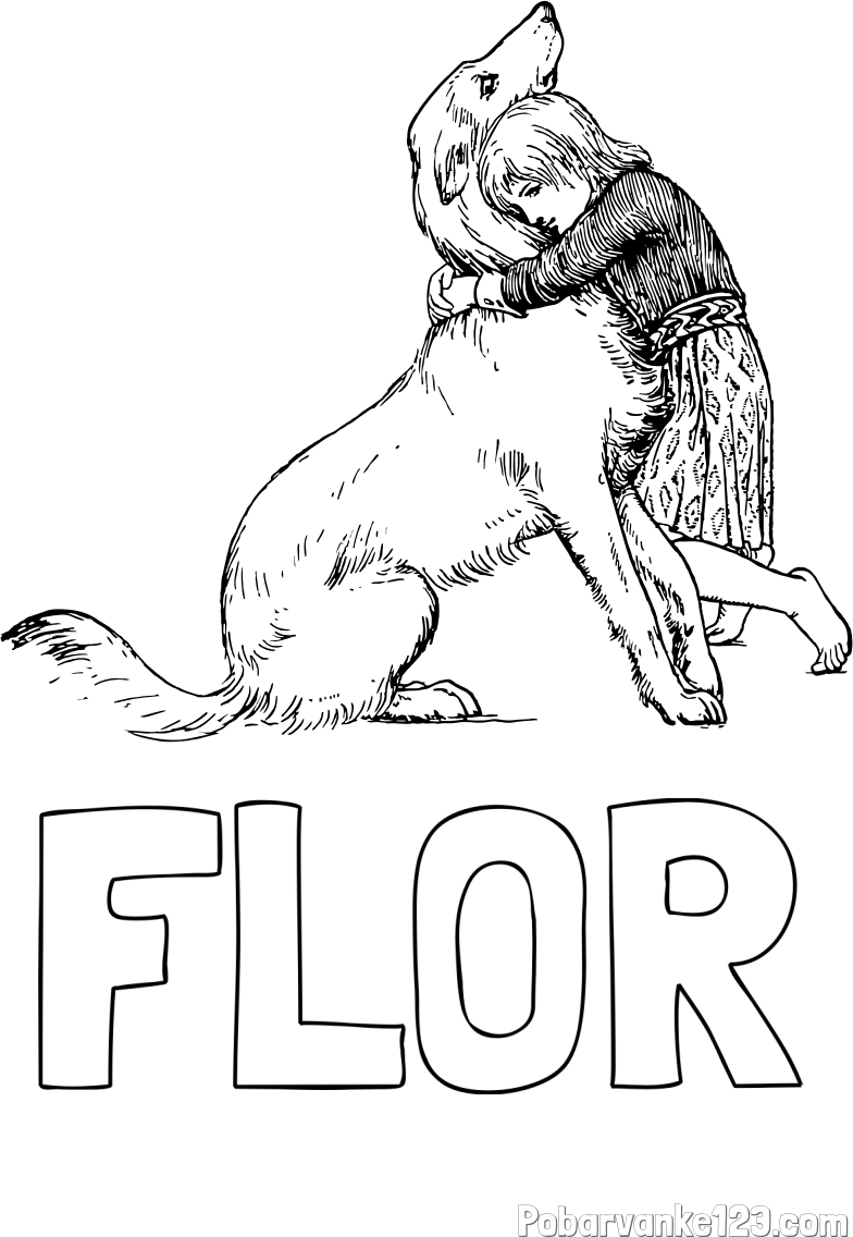 Pobarvanka imena FLOR in pobarvanka prikupnega kužka, ki ga objema mala deklica