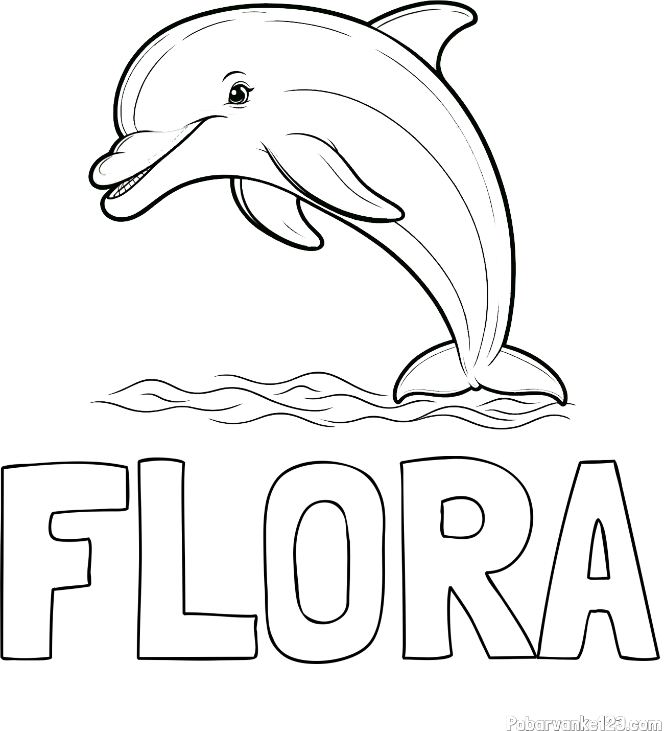 Pobarvanka imena FLORA in otroška pobarvanka nasmejanega delfina v skoku