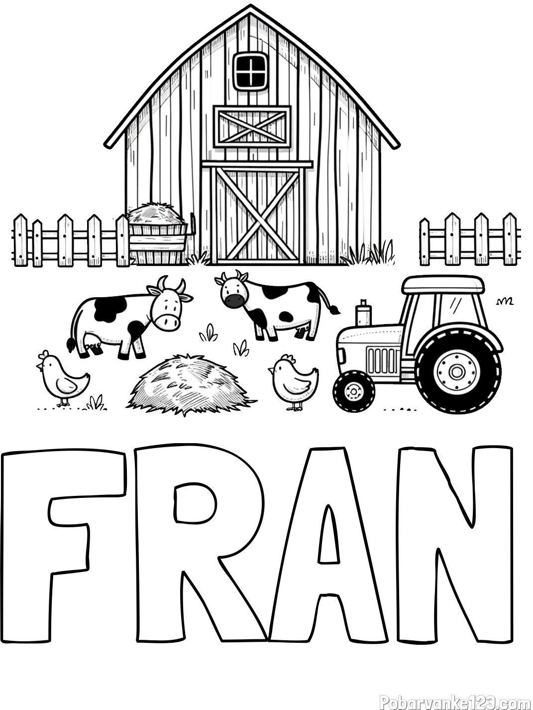 Pobarvanka imena FRAN in otroška pobarvanka velikega senika, krav in traktorja