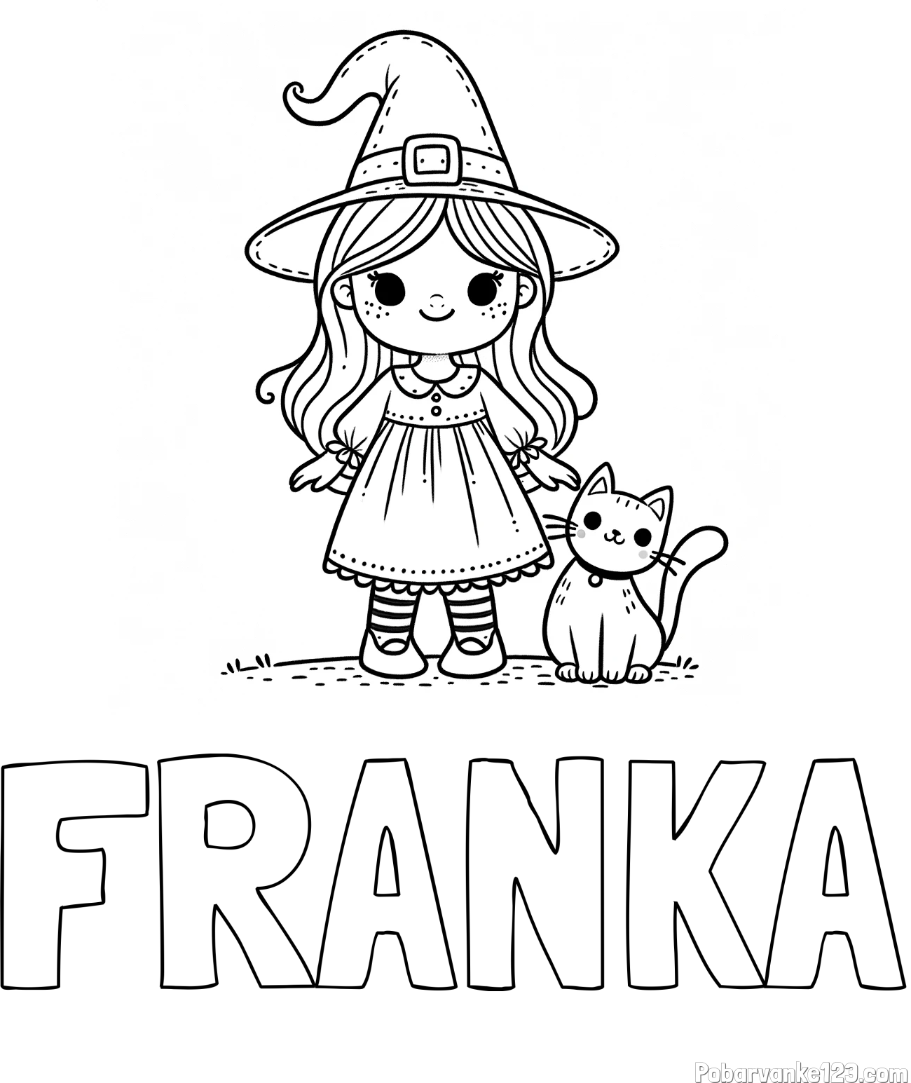 Pobarvanka imena FRANKA in Čudovita pobarvanka ljubke čarovnice in nasmejane mačke