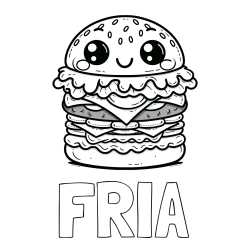 Online izdelana pobarvanka - Pobarvanka imena FRIA in otroška pobarvanka nasmejanega hamburgerja