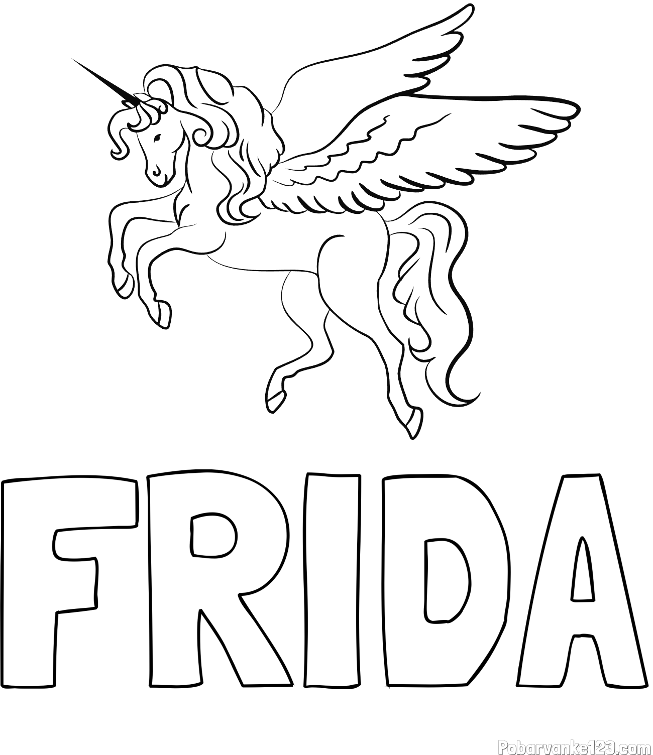 Pobarvanka imena FRIDA in lepa pobarvanka samoroga