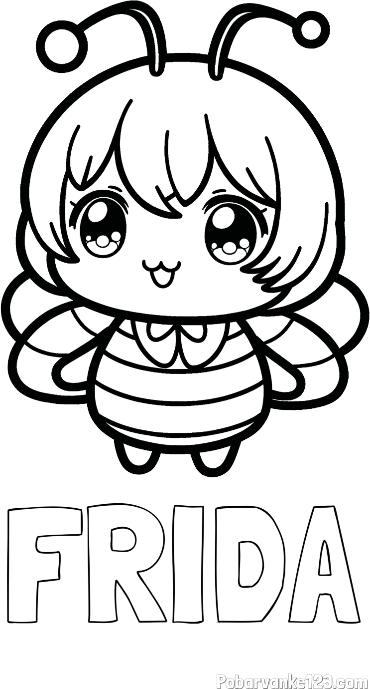 Pobarvanka imena FRIDA in pobarvanka čebelice v stilu anime