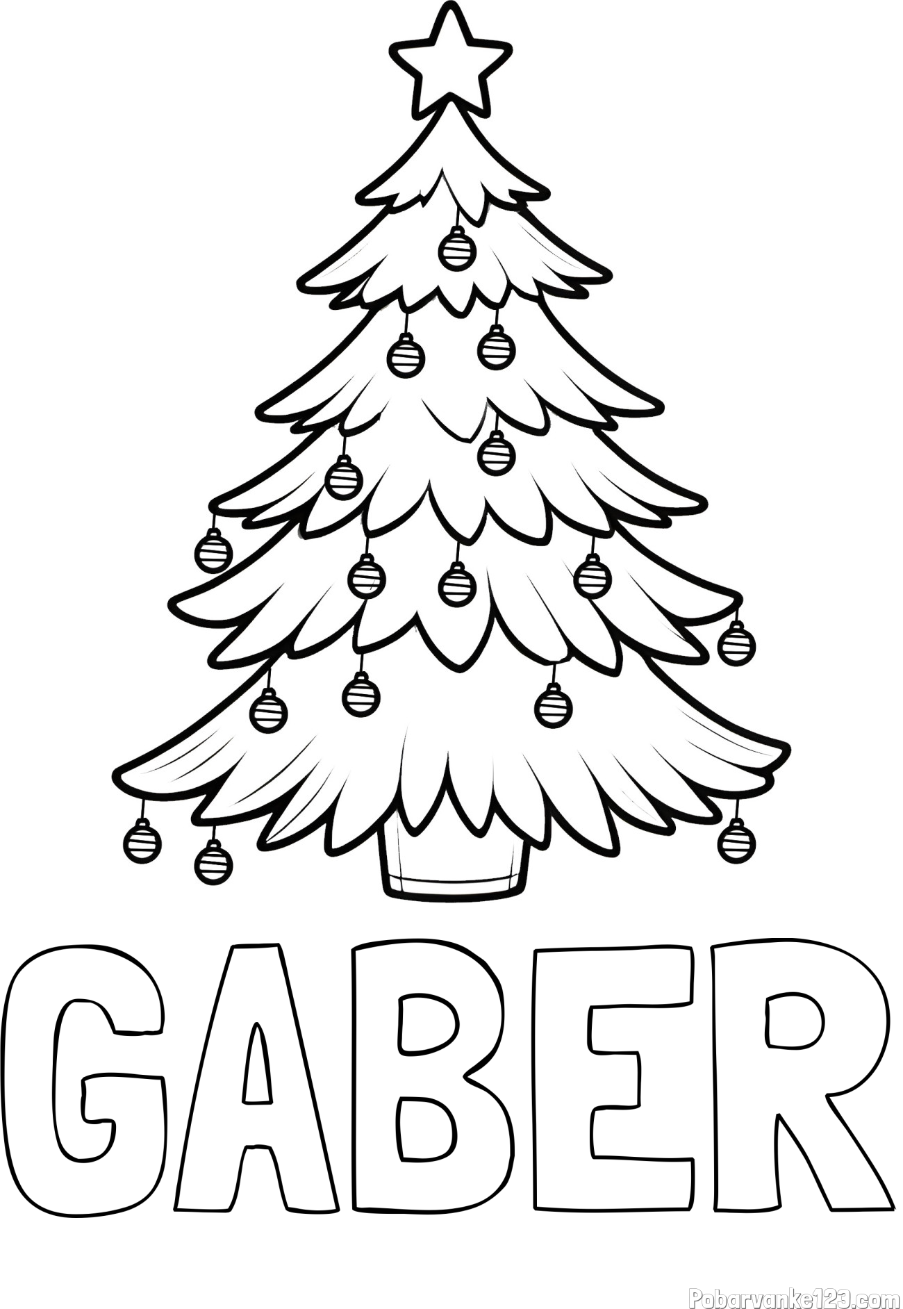 Pobarvanka imena GABER in pobarvanka božične jelke z božično zvezdico in bunkicami