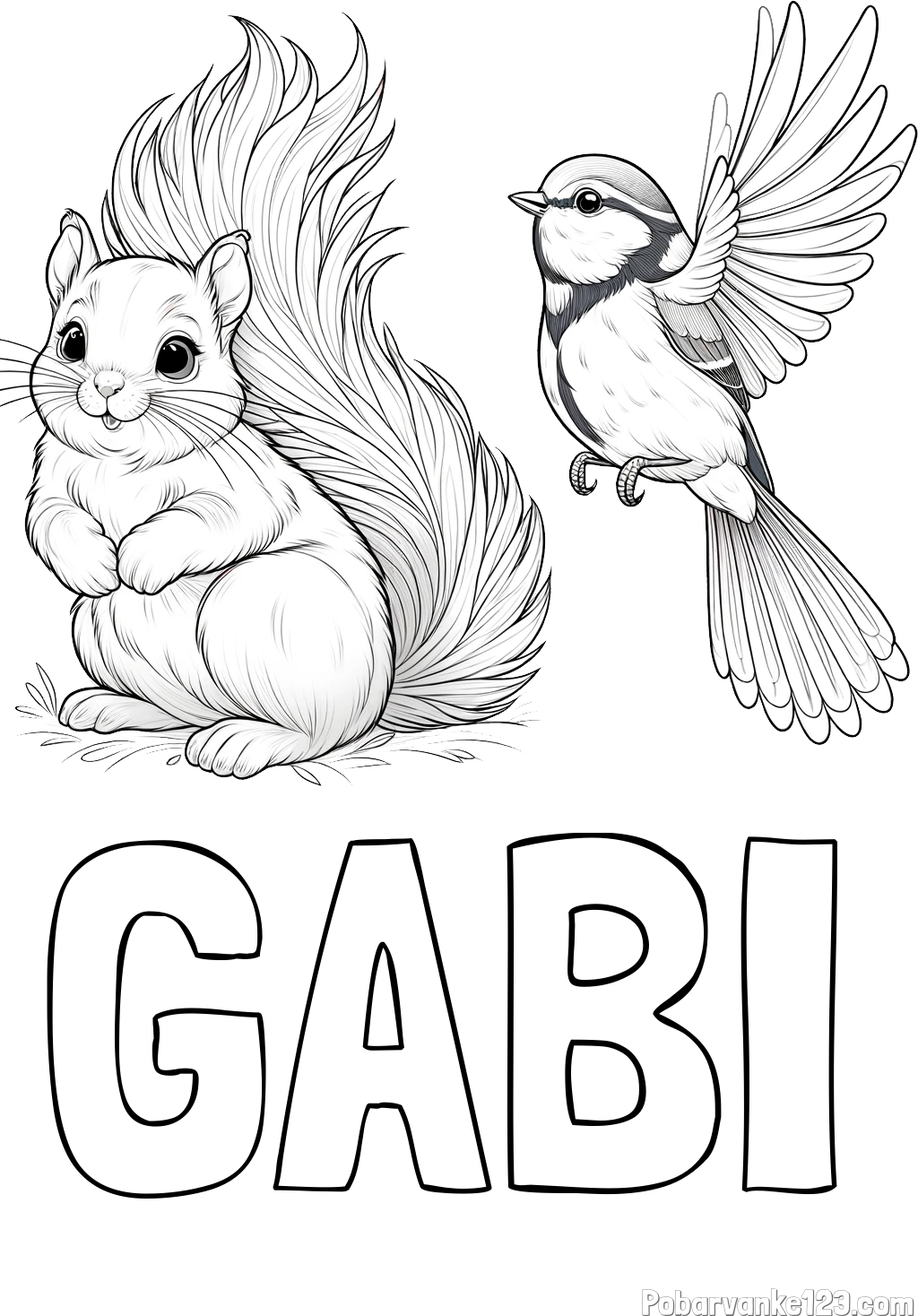 Pobarvanka imena GABI in pobarvanka veverice in ptičke