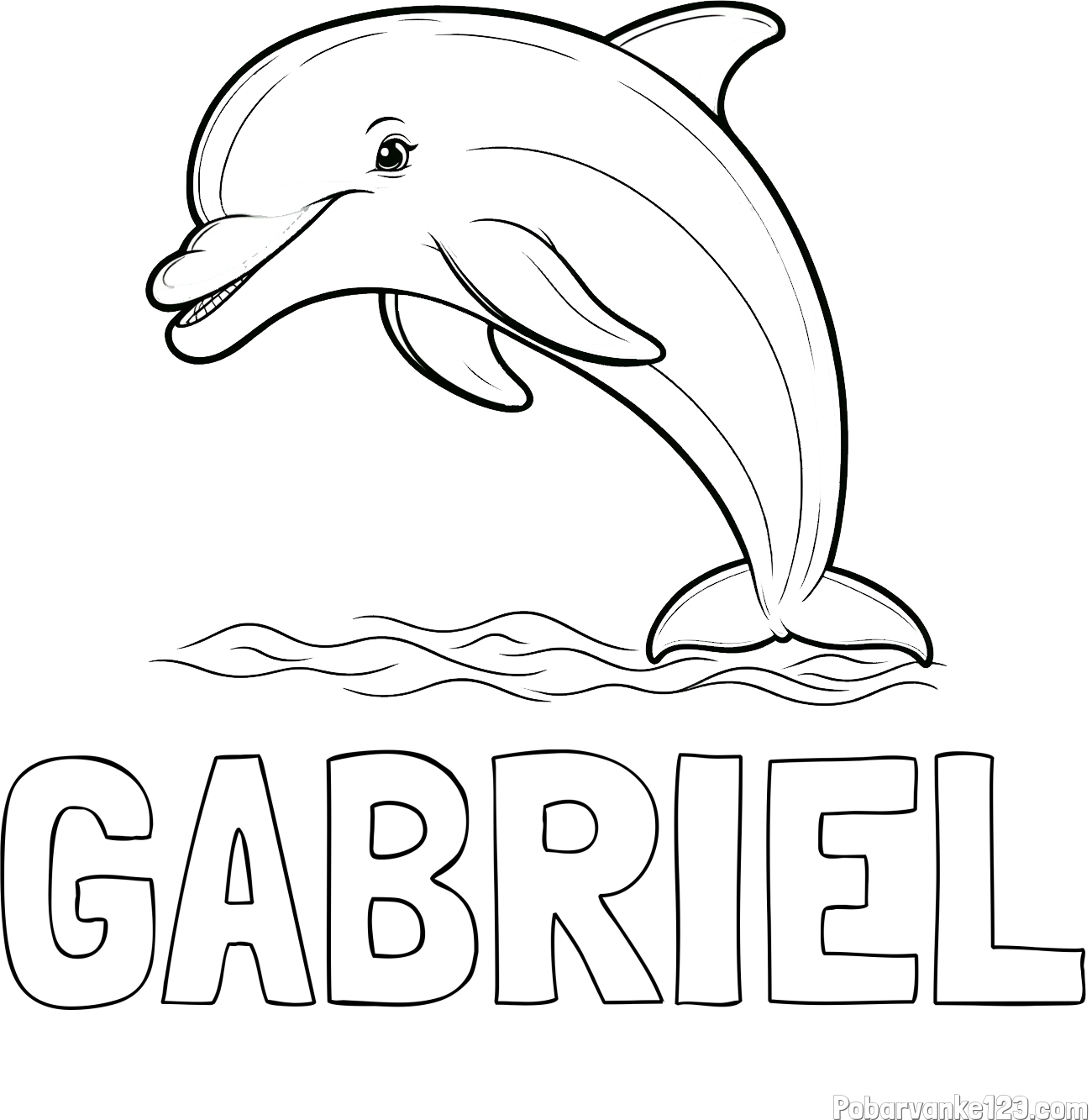 Pobarvanka imena GABRIEL in otroška pobarvanka nasmejanega delfina v skoku