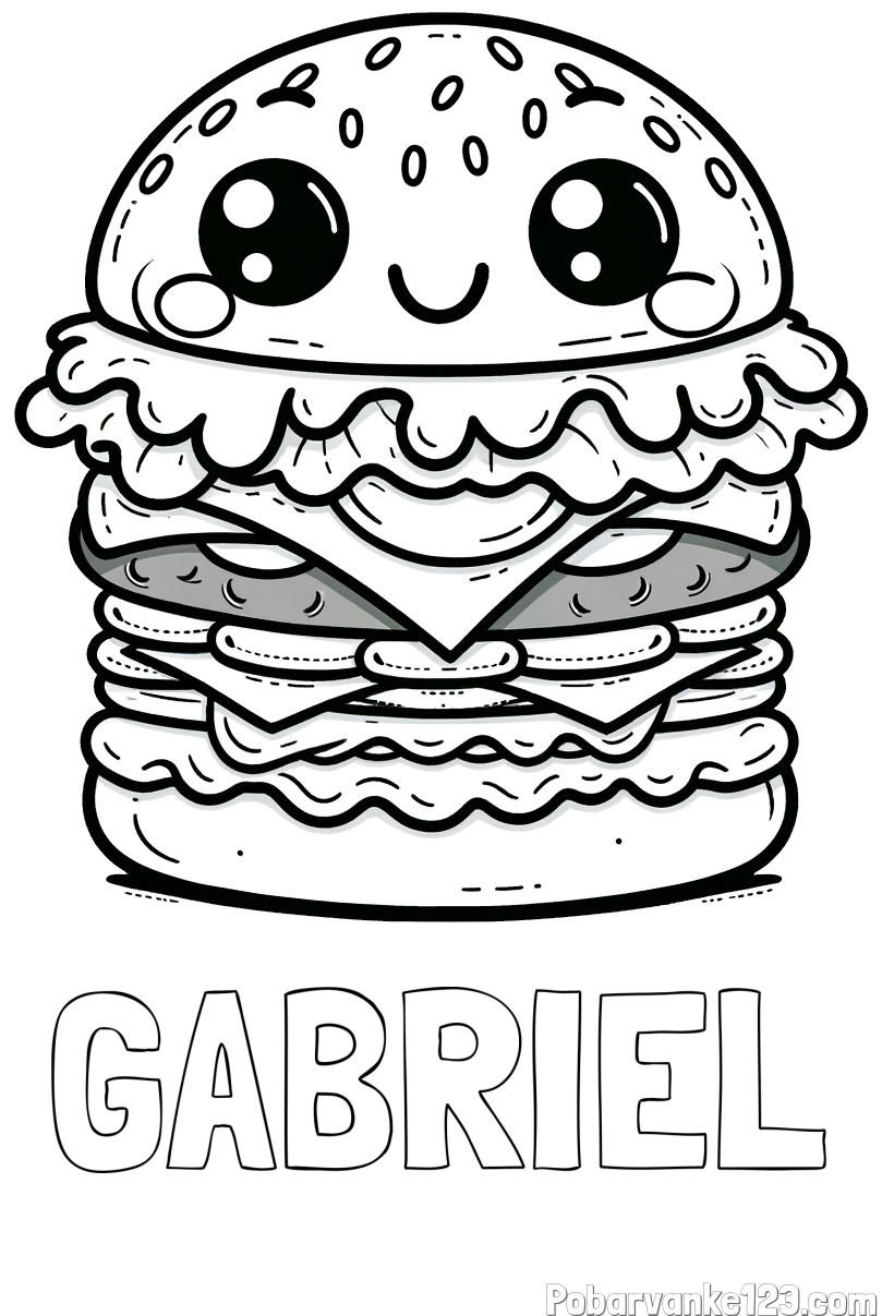 Pobarvanka imena GABRIEL in otroška pobarvanka nasmejanega hamburgerja