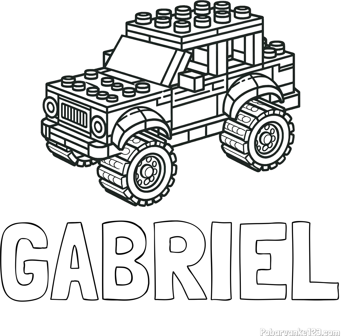 Pobarvanka imena GABRIEL in pobarvanka džipa sestavljenega iz LEGO kock