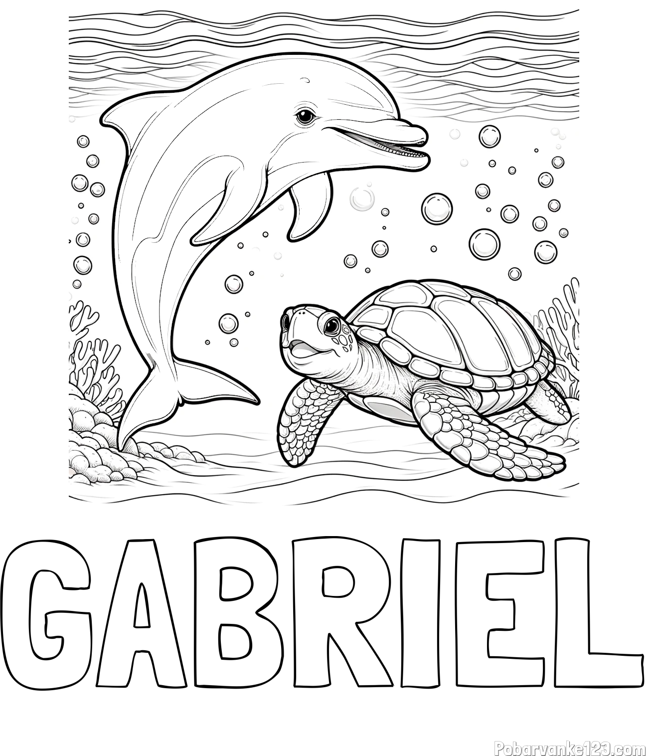 Pobarvanka imena GABRIEL in pobarvanka ljubkega delfina in njegove prijateljice želve