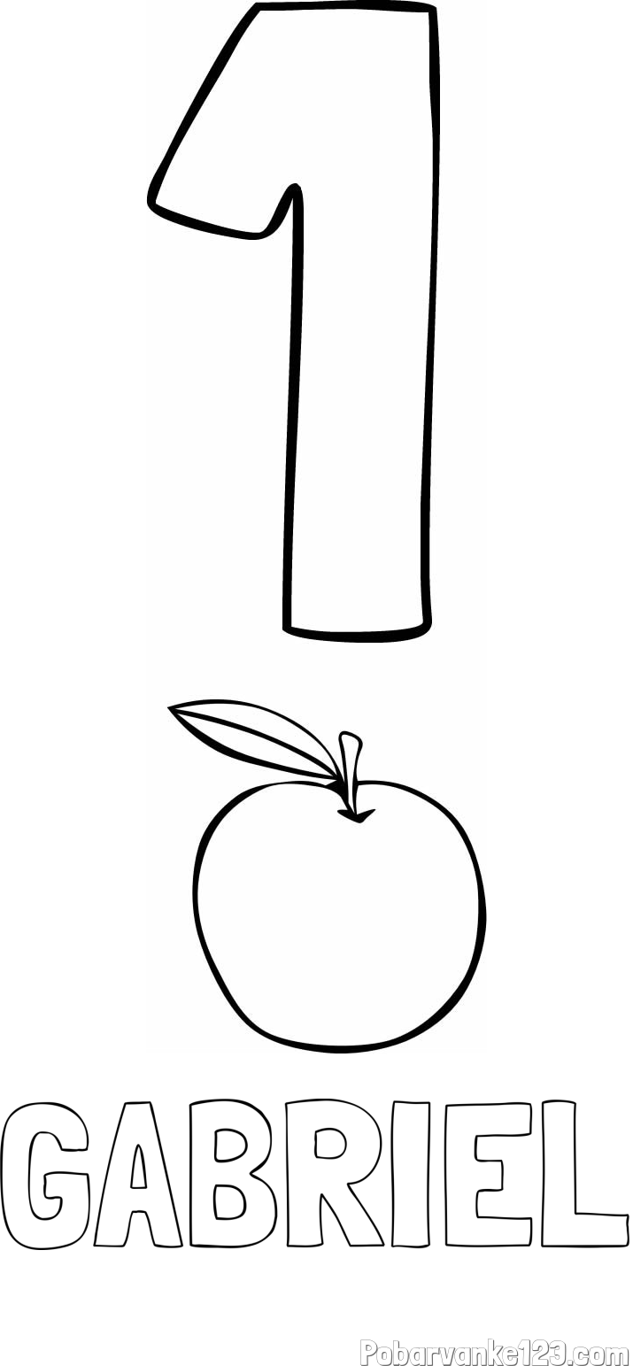 Pobarvanka imena GABRIEL in pobarvanka števila 1 s slikovnim prikazom