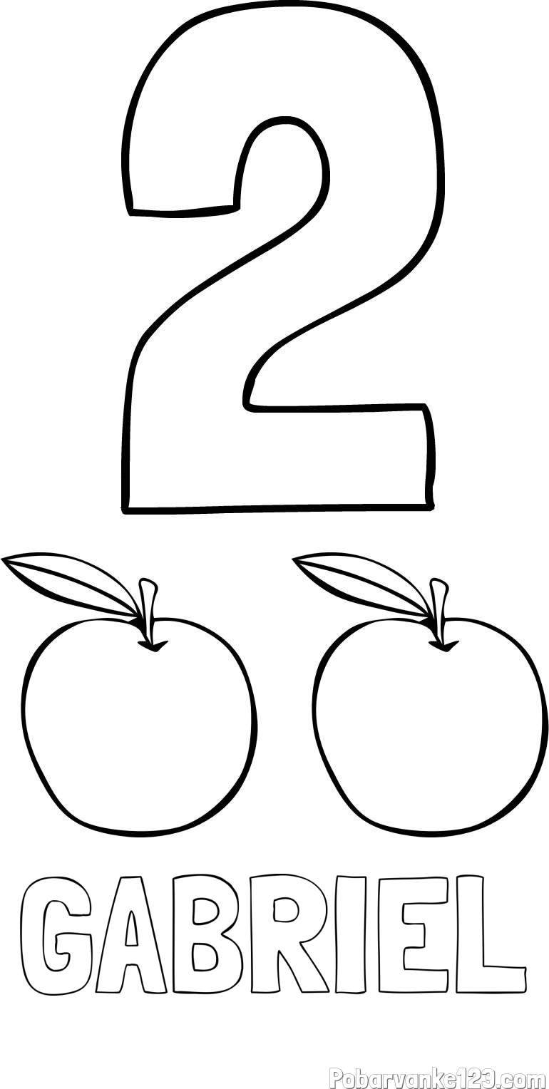 Pobarvanka imena GABRIEL in pobarvanka števila 2 s slikovnim prikazom