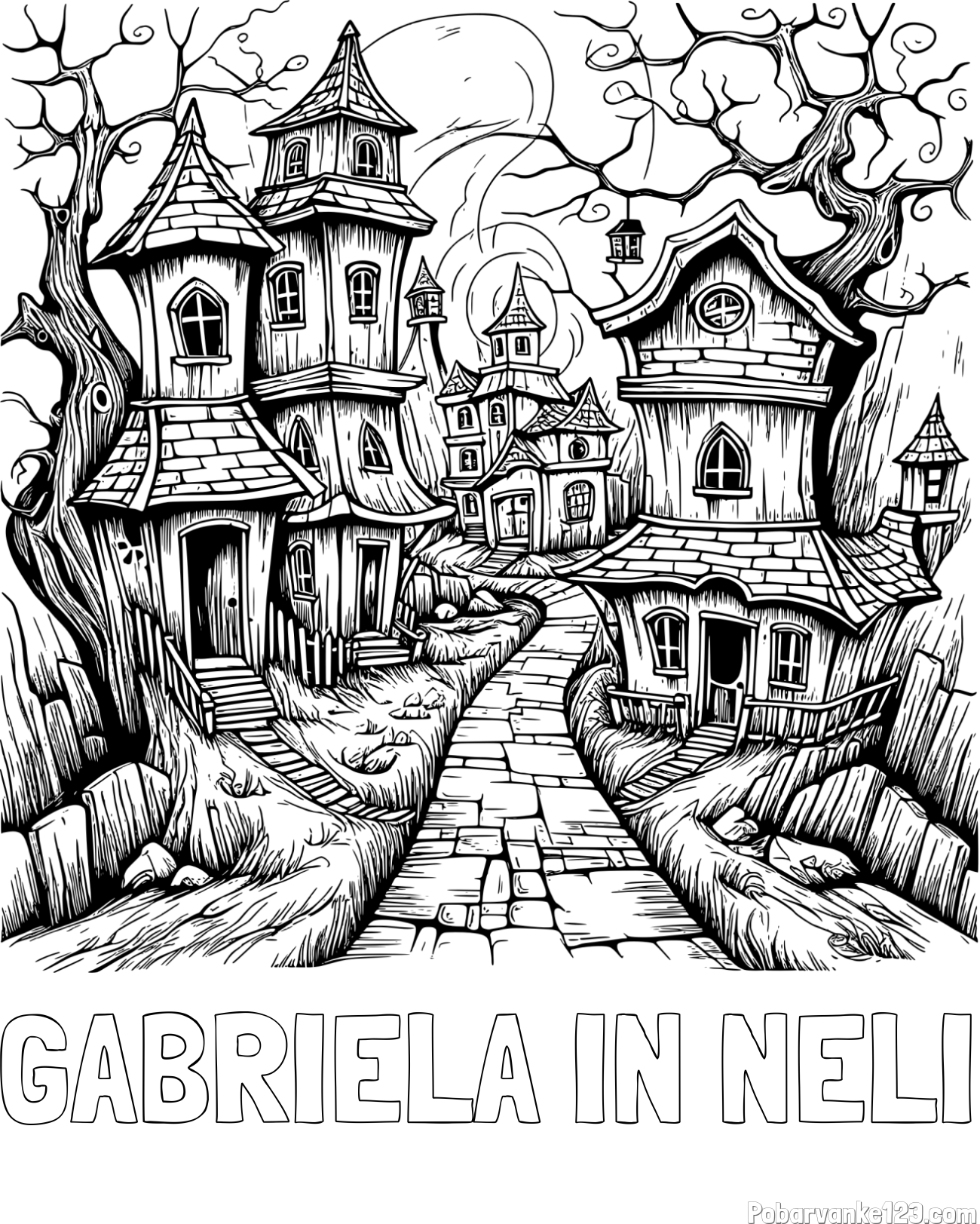 Pobarvanka imena GABRIELA IN NELI in pobarvanka začaranih hišk