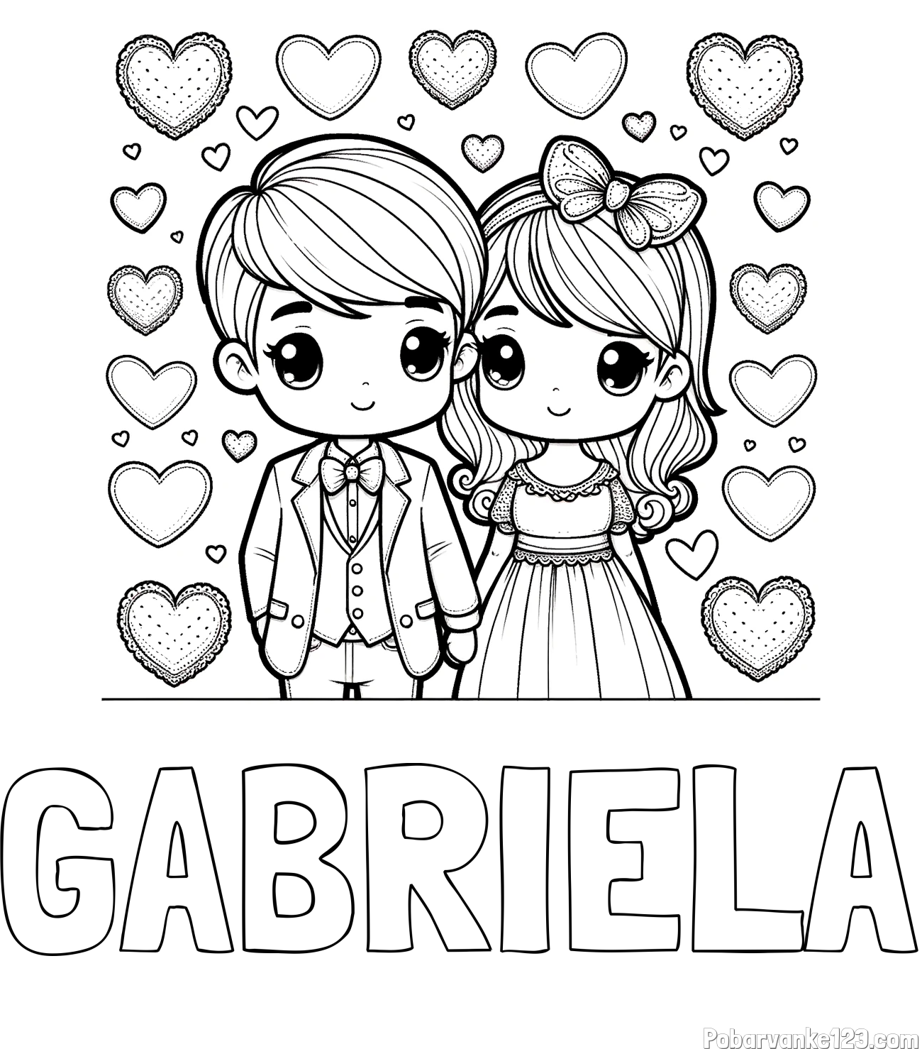 Pobarvanka imena GABRIELA in pobarvanka dveh zaljubljencev s srčki