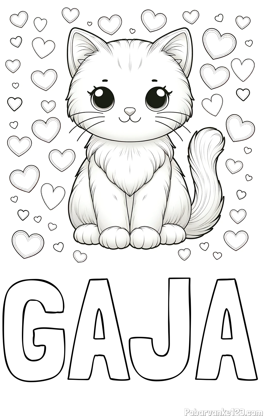 Pobarvanka imena GAJA in pobarvanka ljubke mucke obdane s srčki