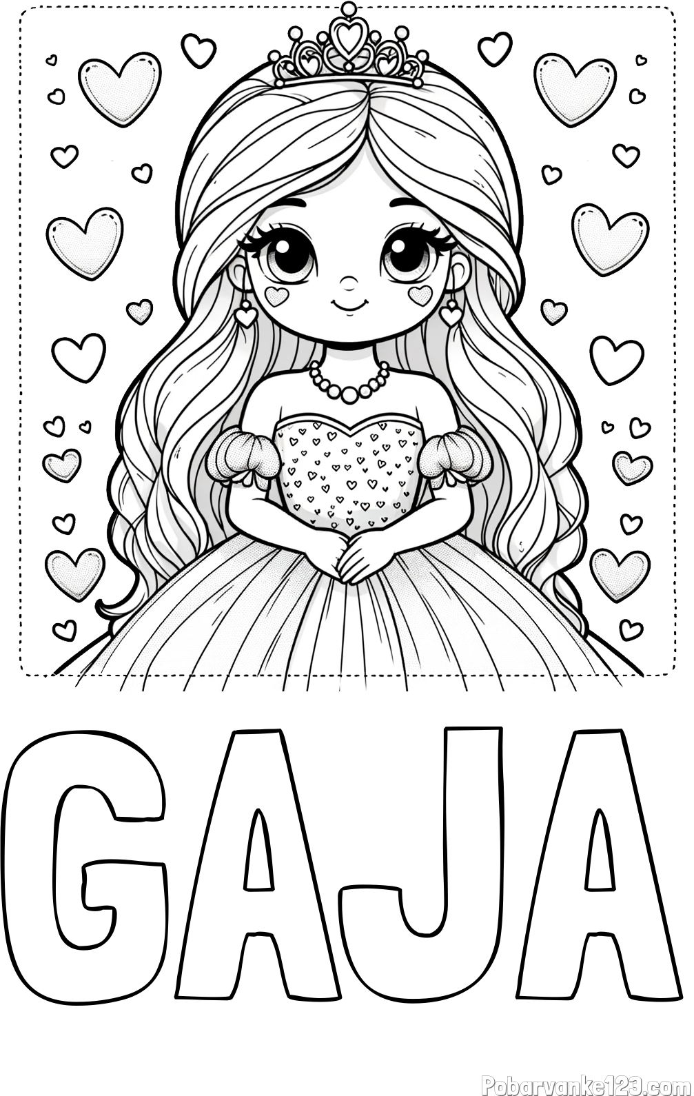 Pobarvanka imena GAJA in pobarvanka ljubke princese obdane s srčki