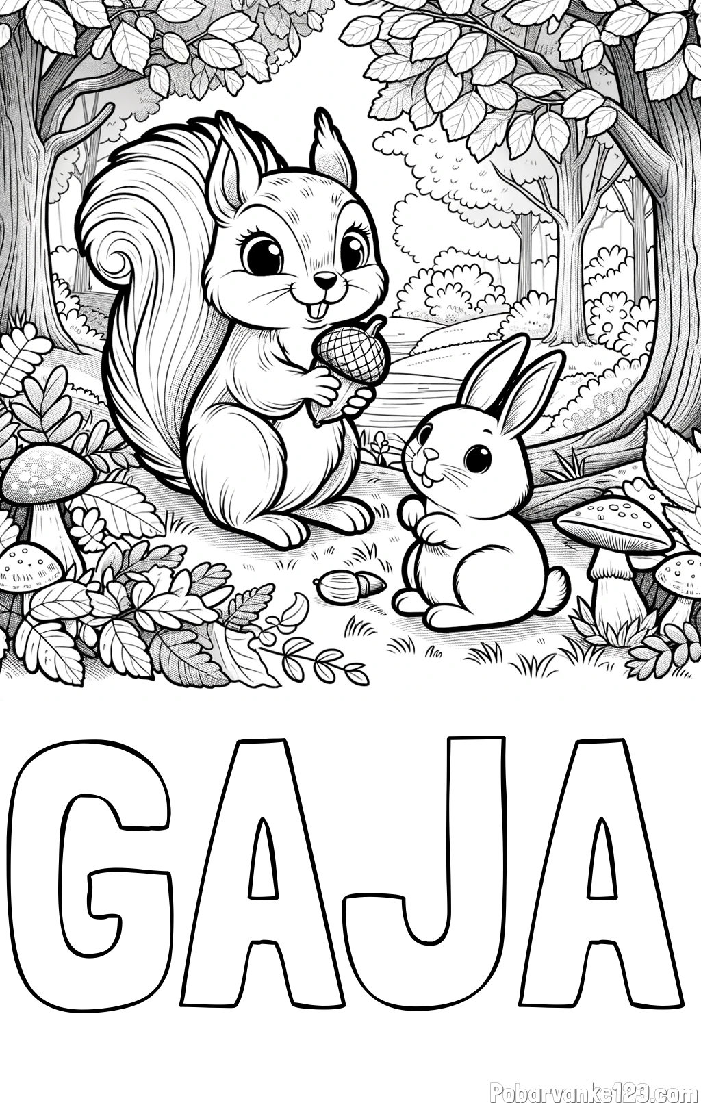 Pobarvanka imena GAJA in pobarvanka veveričke in zajčka v gozdu