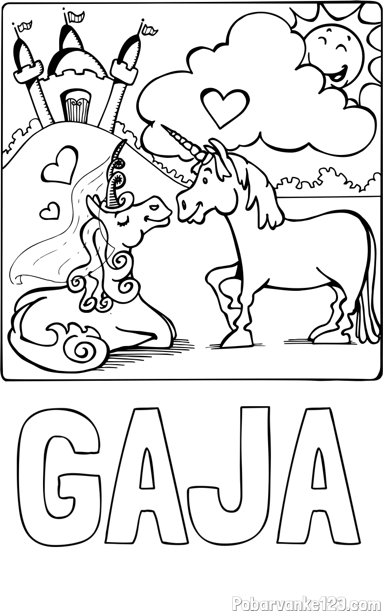 Pobarvanka imena GAJA in pobarvanka zaljubljenih samorogov