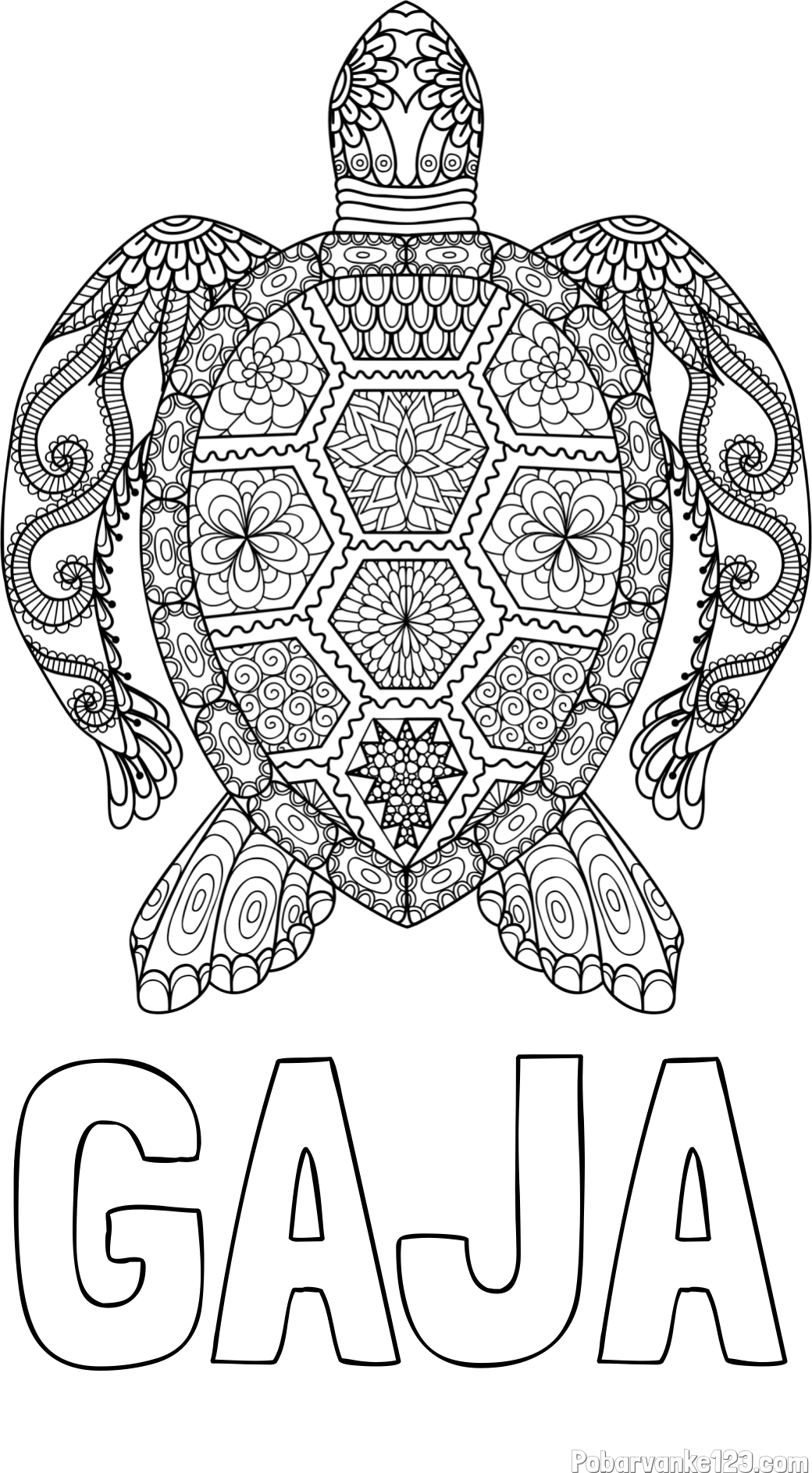 Pobarvanka imena GAJA in pobarvanka želve - mandale
