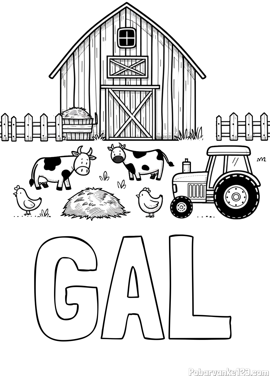 Pobarvanka imena GAL in otroška pobarvanka velikega senika, krav in traktorja