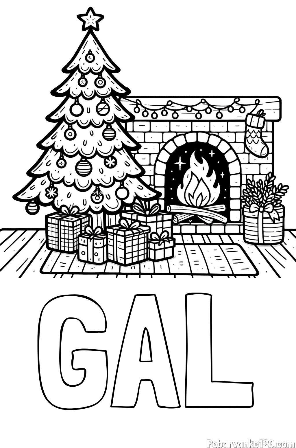 Pobarvanka imena GAL in pobarvanka božične noči z božično smrečico, darili ter kaminom