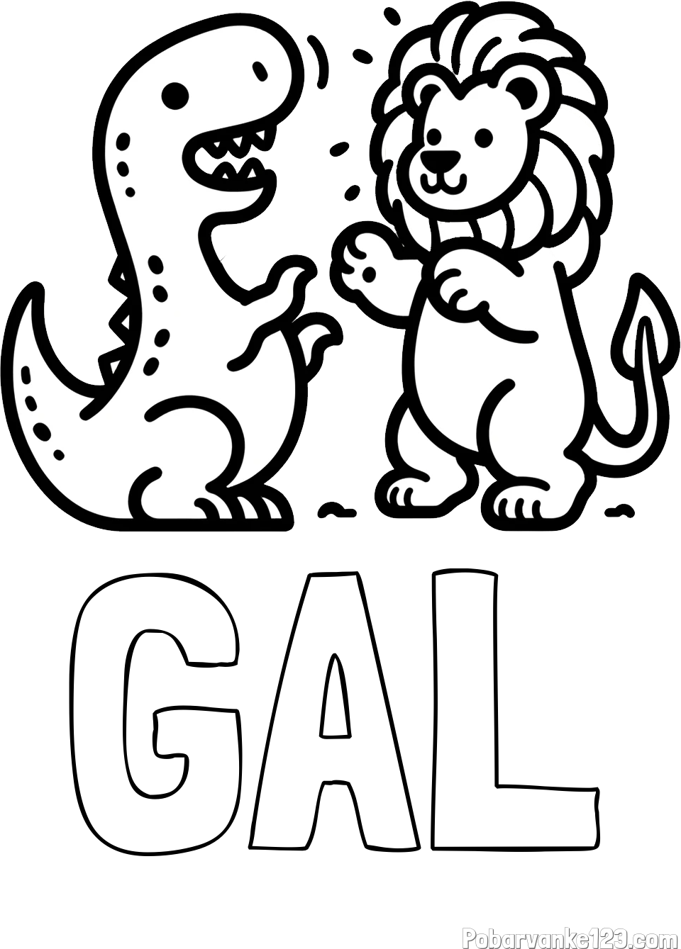 Pobarvanka imena GAL in pobarvanka dinozavra, ki napada leva