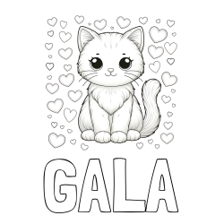 Online izdelana pobarvanka - Pobarvanka imena GALA in pobarvanka ljubke mucke obdane s srčki